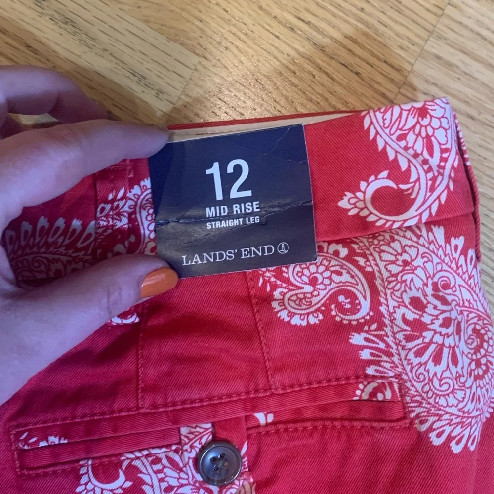 LANDS END Mid Rise/Straight Leg Pants Cherry Red Paisley Pattern Size 12 - Picture 2 of 4
